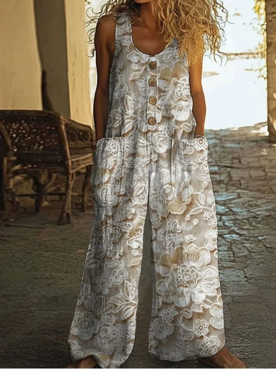Women Sleeveless Wide Leg Jumpsuit Floral Print Loose Pocket Long Overall Romper