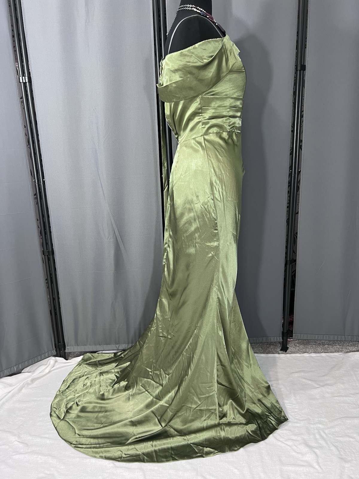 Green Satin Asymmetric Off-shoulder Prom Gown L Corset Cocktail Evening Dress #J