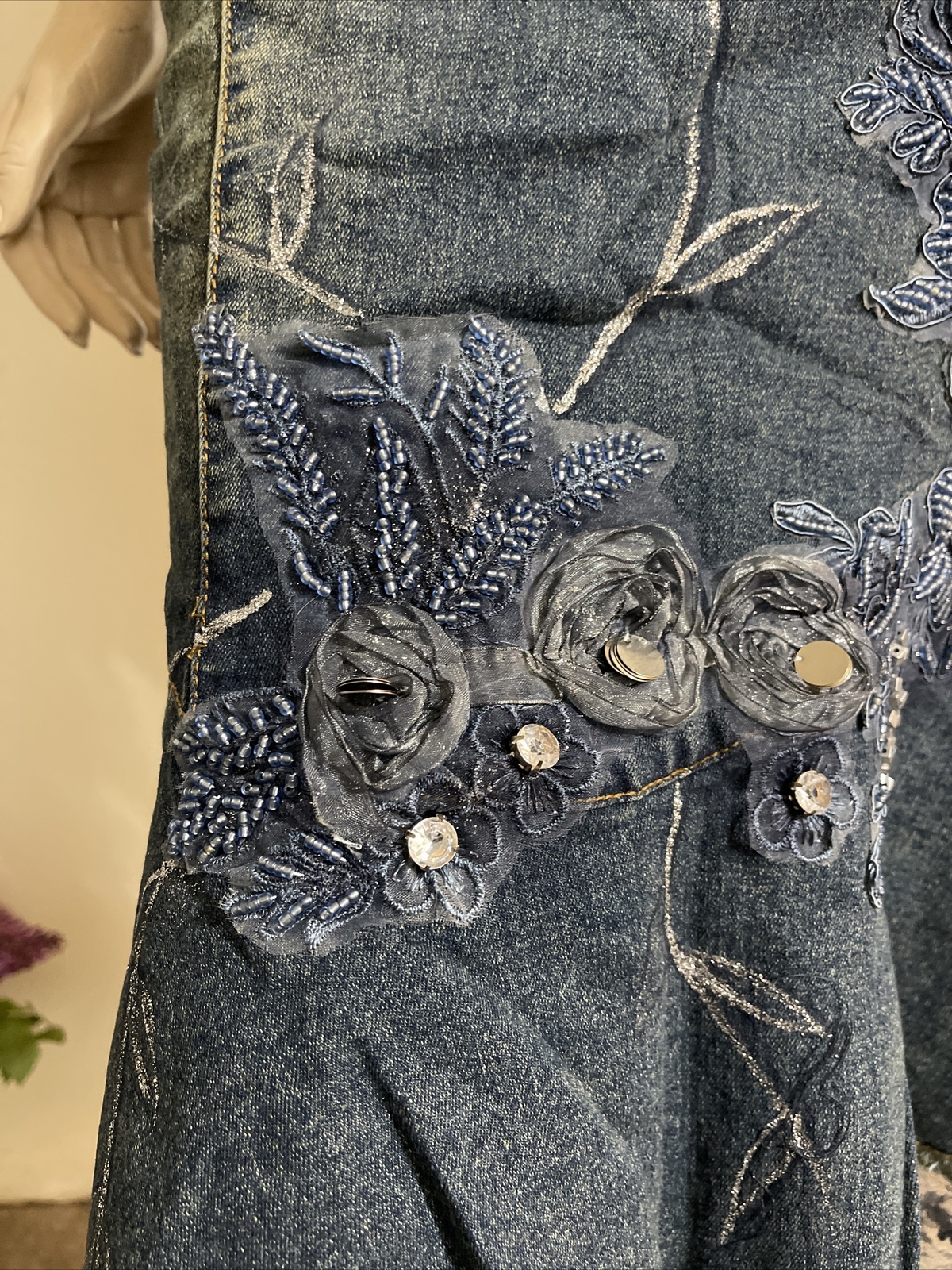 Blue Cotton Denim Beaded Embroidered Ruffles Boho Zip Size XL(10-12) Skirt 3361