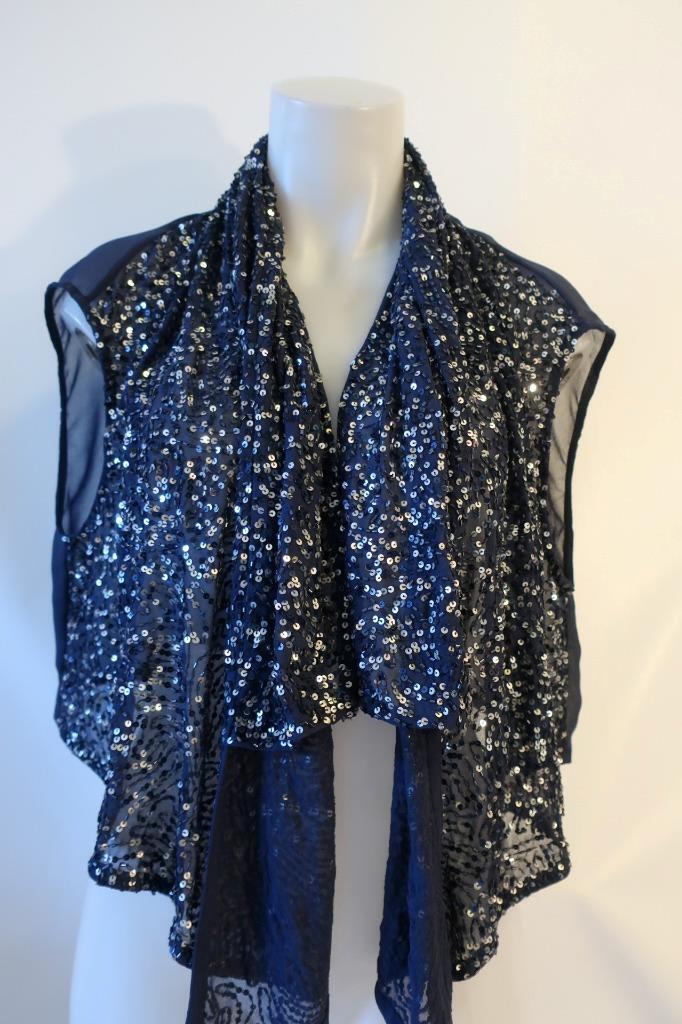 Womens Gold Hawk Blue Sequined Semi-Sheer Open Evening Shrug Jacket Top L *
