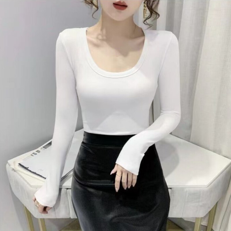 Lady Ribbed Basic Shirt Fit Stretch Low Cut Slim U-neck Plain Blouse Tee Shirt