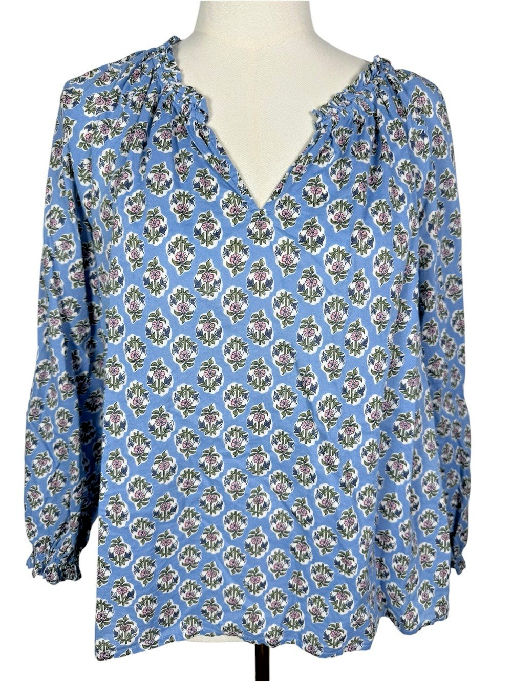 J.Crew Factory Women’s Split Neck Peasant Artist Top Floral Block Print Size M