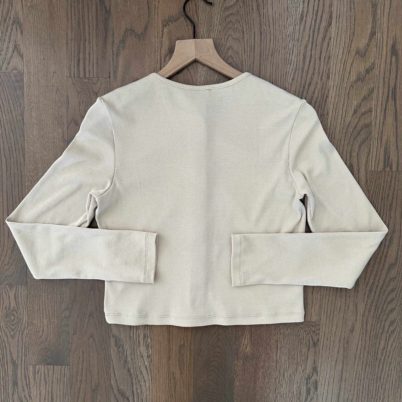 Outdoor Voices CozyRib Snap Front Long Sleeve Cropped Top in Wheat Extra Large
