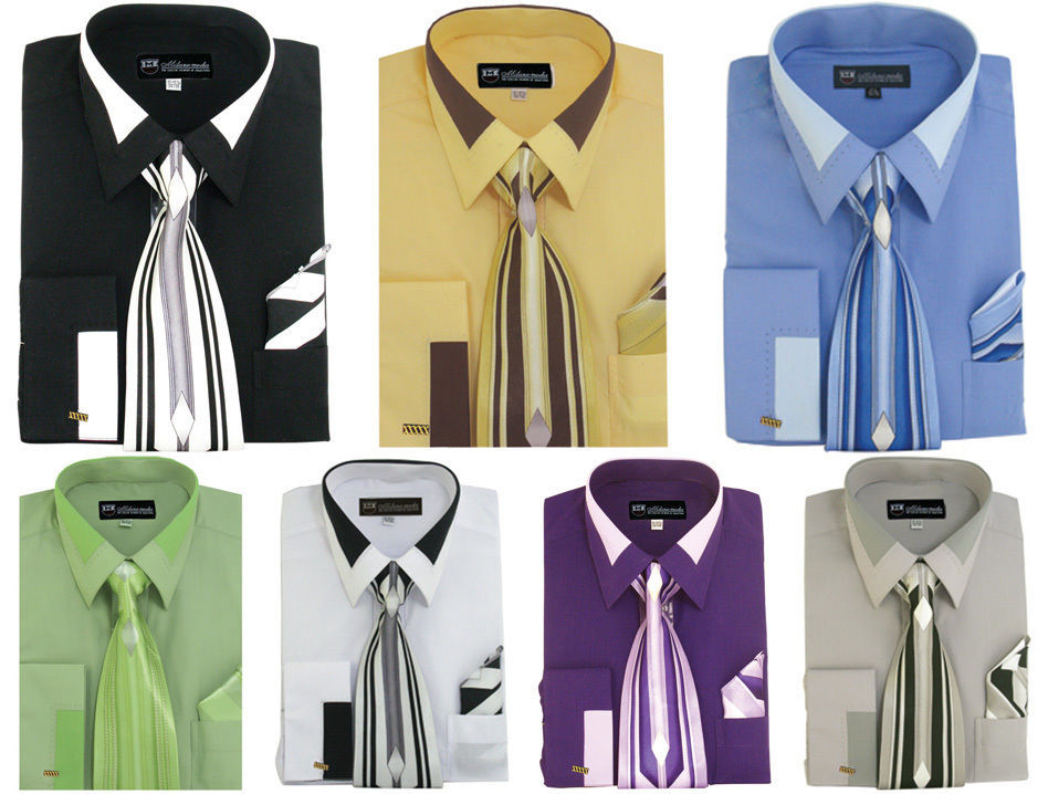 Men’s Unique design French Cuff Dress Shirt Accent Collar With Tie & Hanky SG34