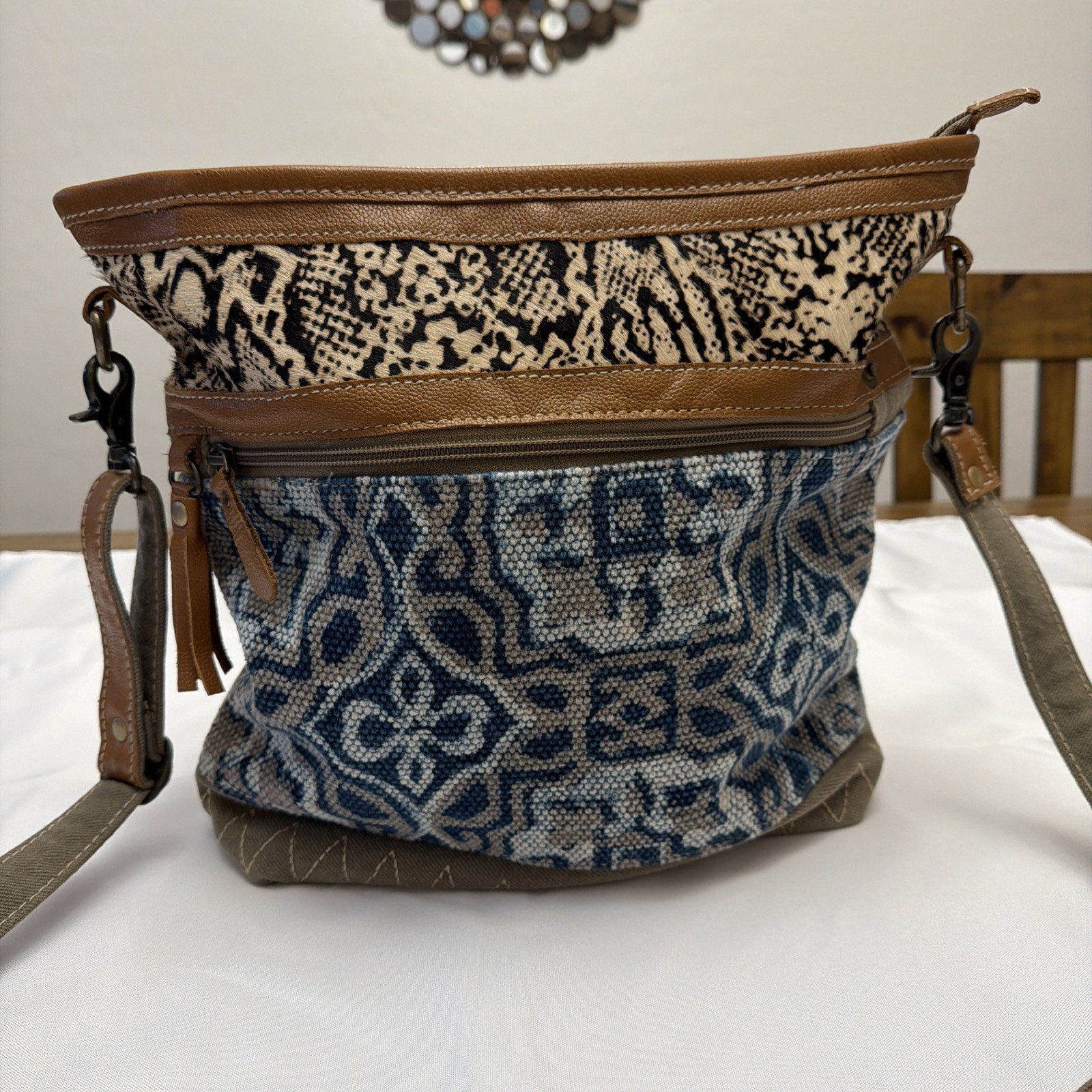 Myra Crossbody Bag Tapestry Canvas Fur & Leather Trim Boho Hippie