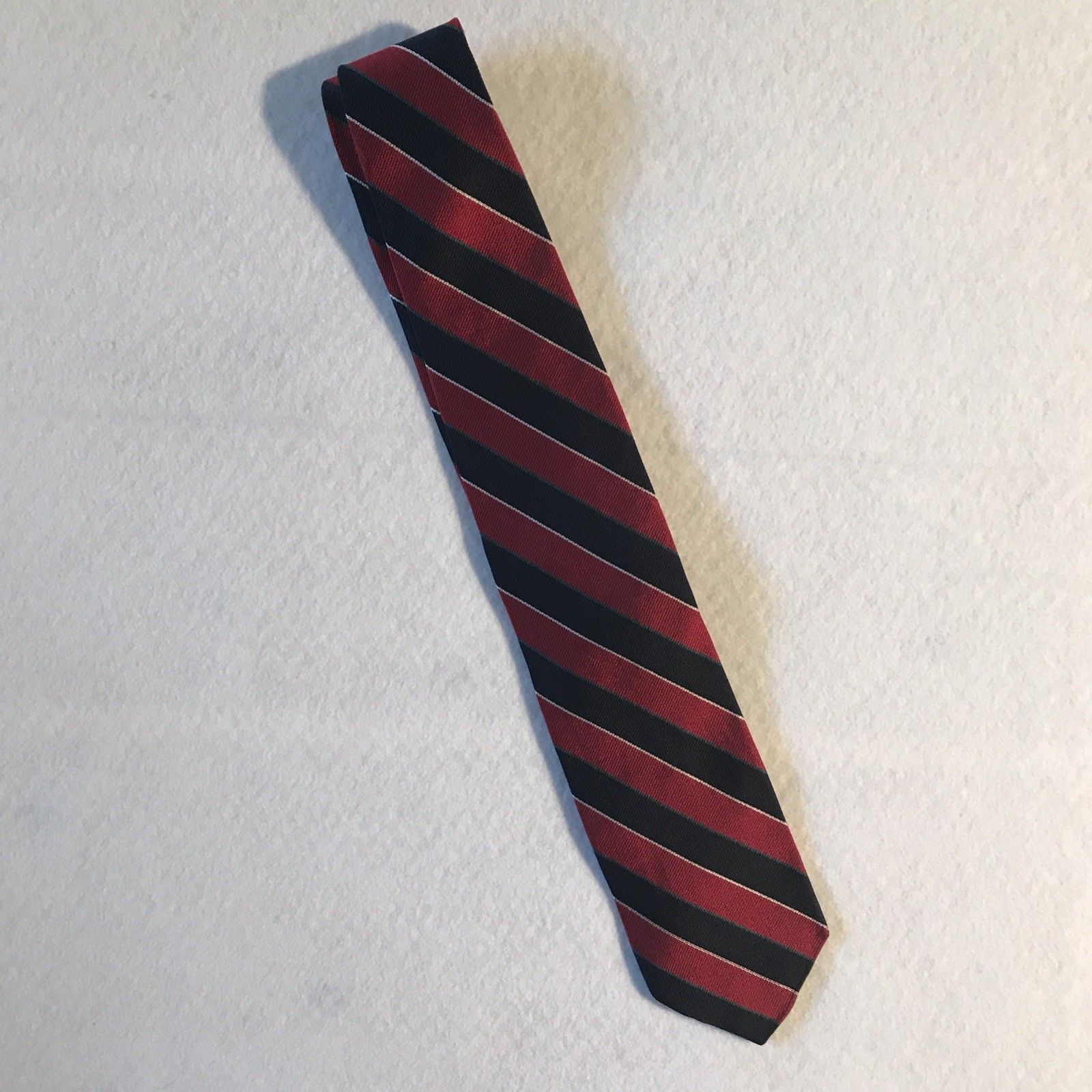 Savile Row Men’s Woven Striped Tie Red Black White Pointed Logo Accent