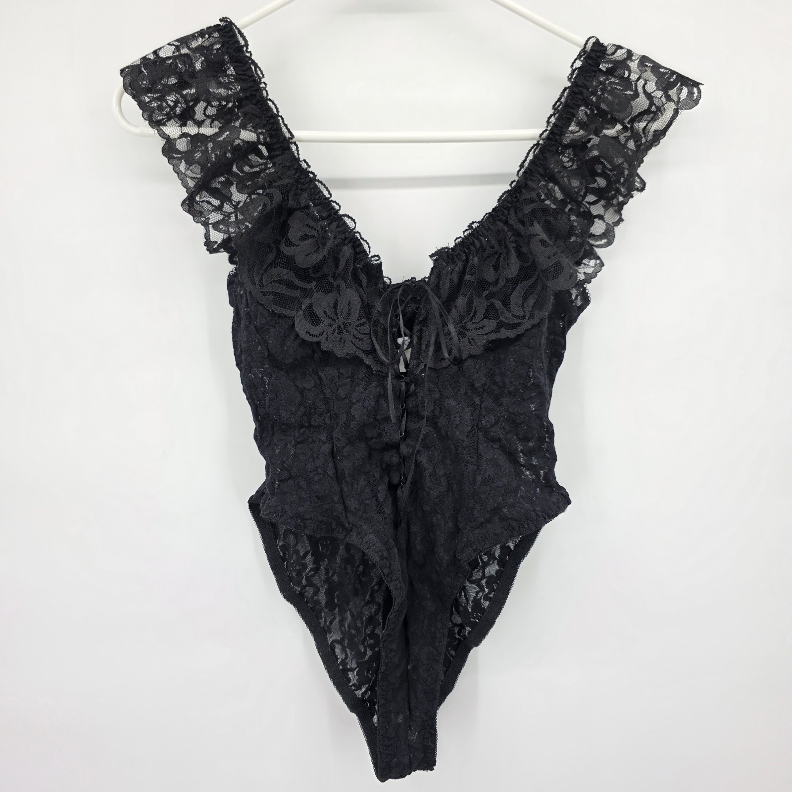 Vintage Alana Gale Black Lace Teddy Bodysuit Large Ruffle V-Neck Ribbon Tie 80s