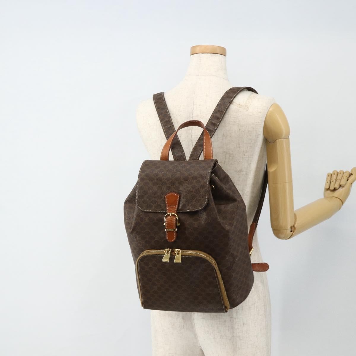 CELINE Macadam Canvas Backpack PVC Leather Brown Gold Auth 176821