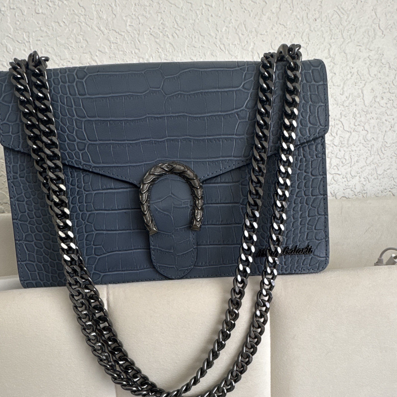 Marina Galanti Blue Crocodile Embossed Shoulder Bag Chain Strap Magnetic