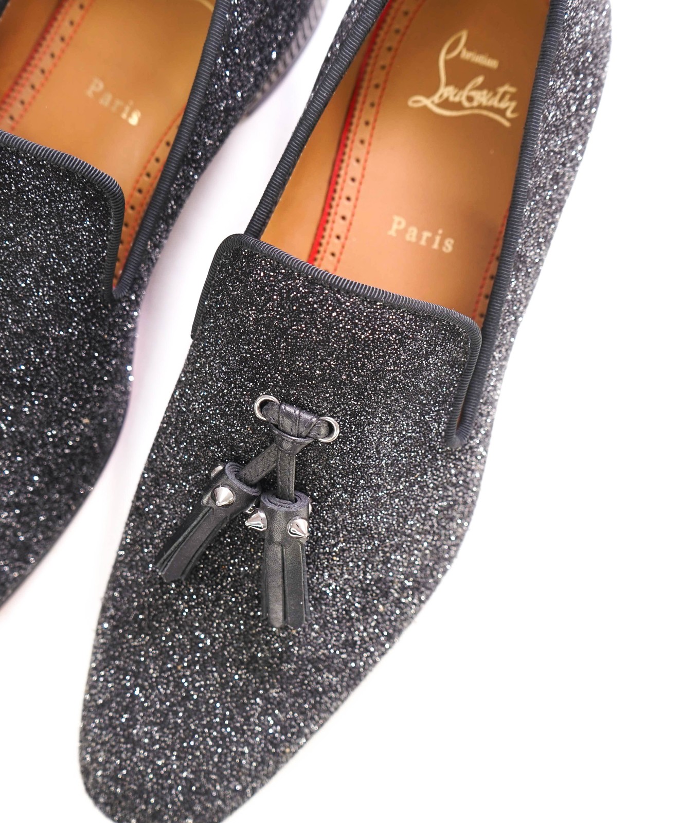 $1,250 LOUBOUTIN – * Colonnaki* Glitter Spiked Tassel Loafers – 9 US (42)
