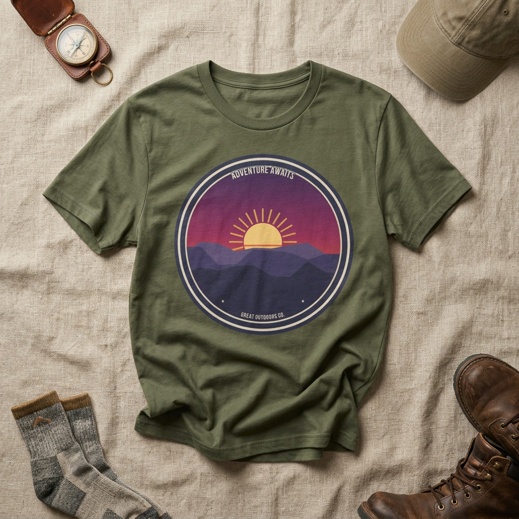 Adventure Awaits Sunrise T-Shirt | Mountain Sunset Graphic