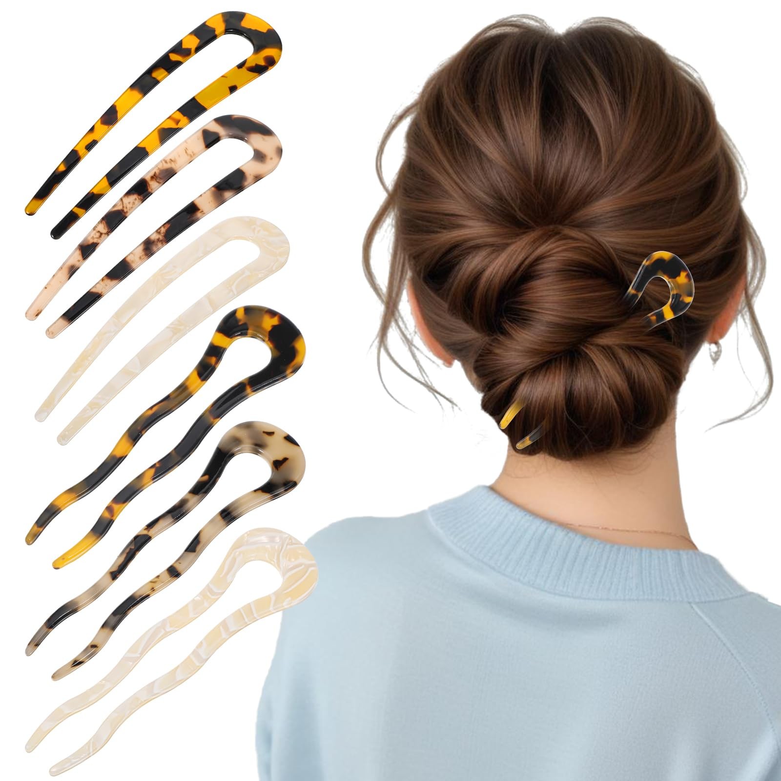 6 Pcs Tortoise Shell U Shaped Hair Pins for Thick Long Hair (Yellow, Beige)