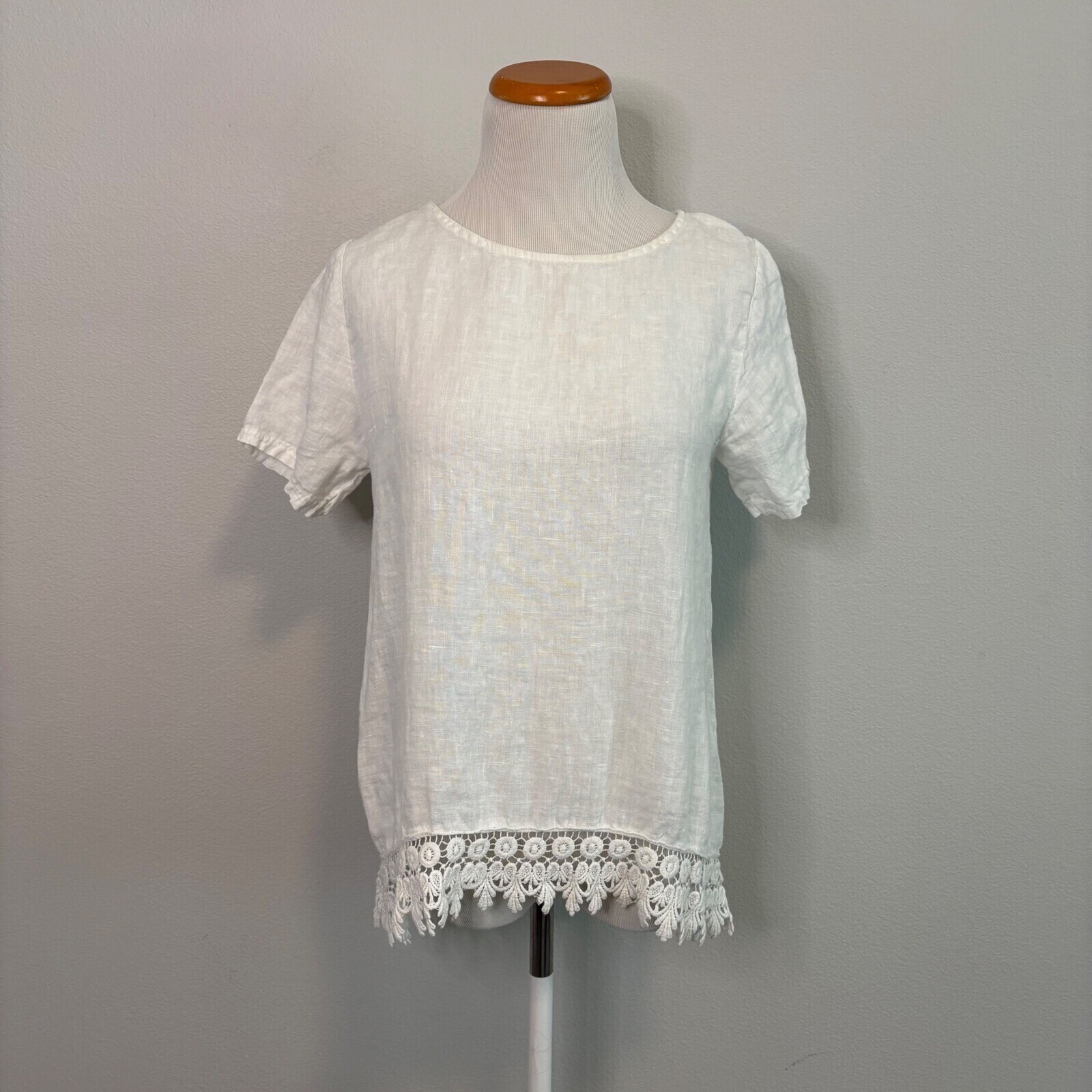 Tero Millennio 100% Linen Crochet Short Sleeve White Lightweight Top Small