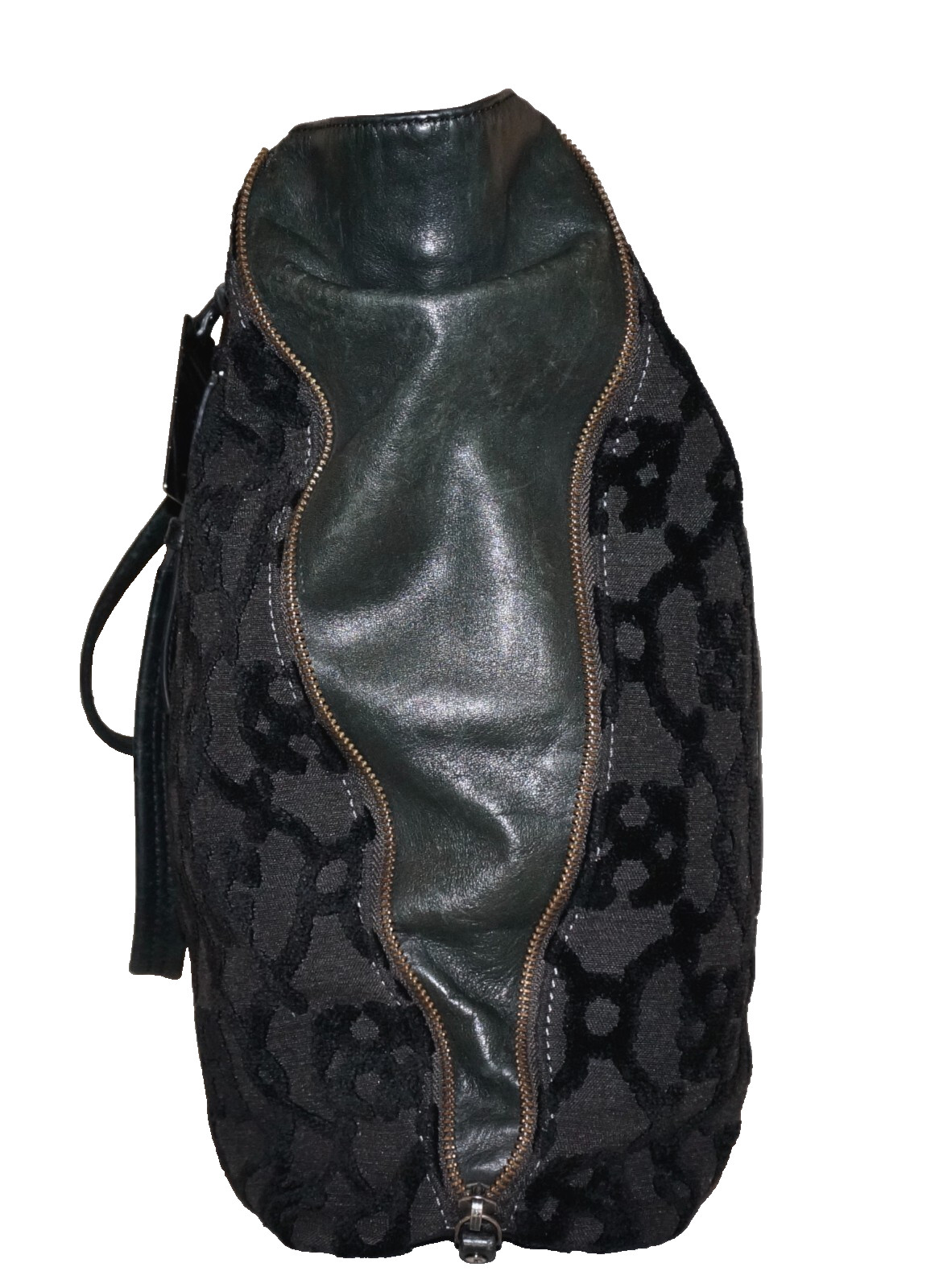 PETUNIA Large Black Velour-Canvas Textile & Leather Tote Handbag 15×12