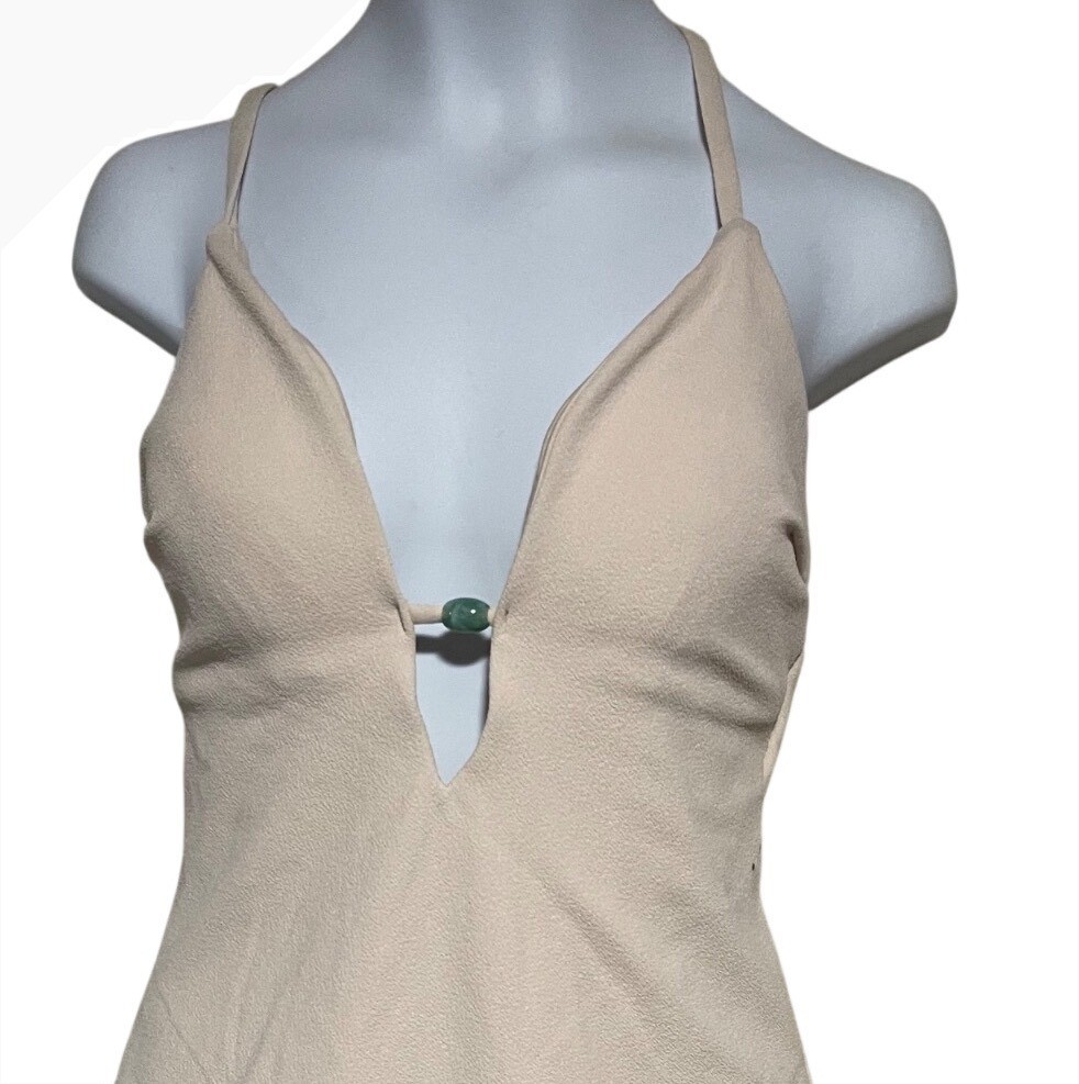 Shade & Shore Beige One Piece Swimsuit Jade Bead Accent Crisscross Back Medium