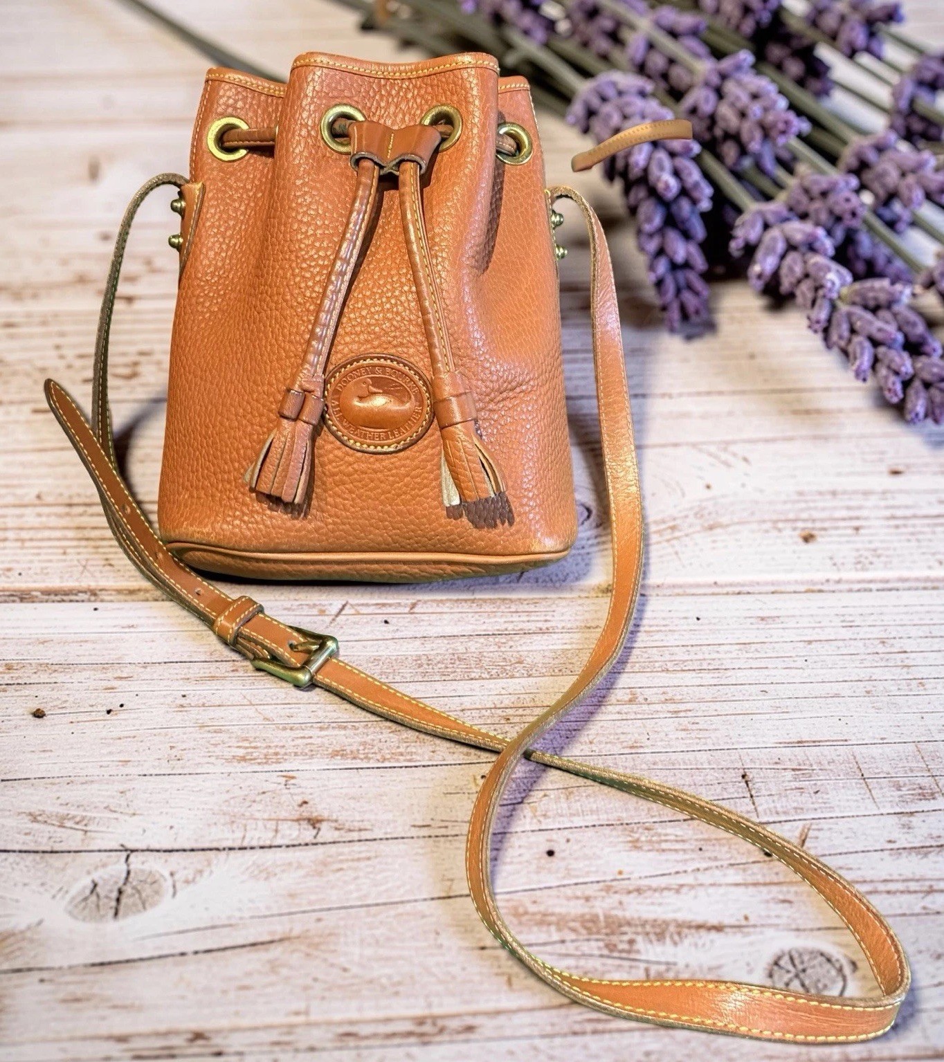 Dooney Bourke Brown Vintage R134 Mini Bucket Drawstring Shoulder Bag Leather