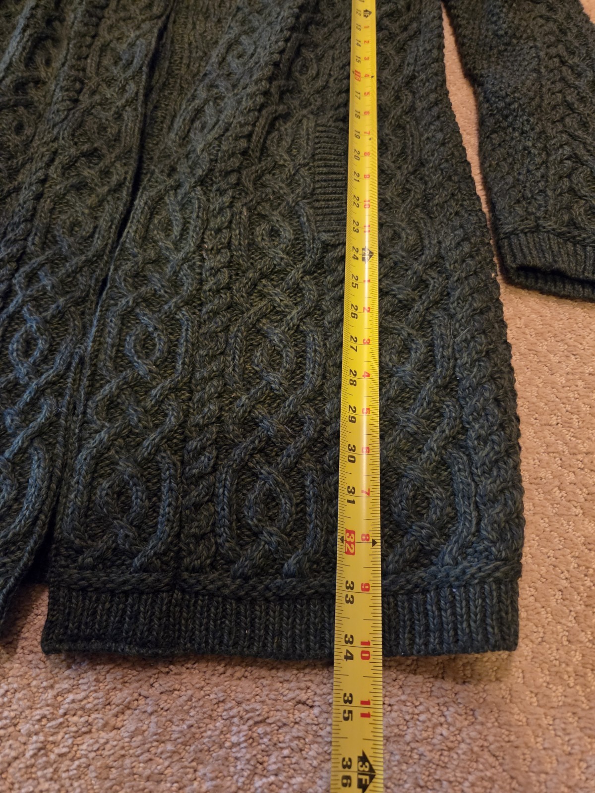 Aran Crafts Of Ireland 100% Wool Dark Green Open Front Long Cardigan Size L