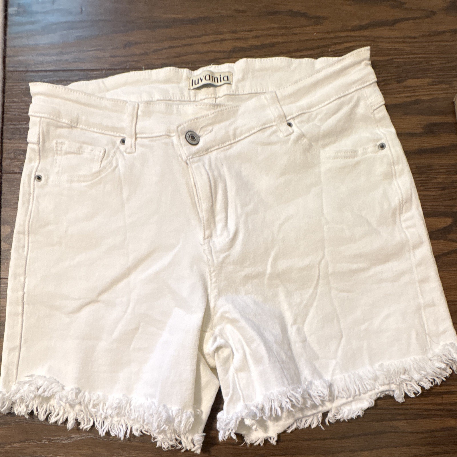 Luvamia Women’s White Denim Cut Off Shorts Size L Mid Rise 5-Pocket Light