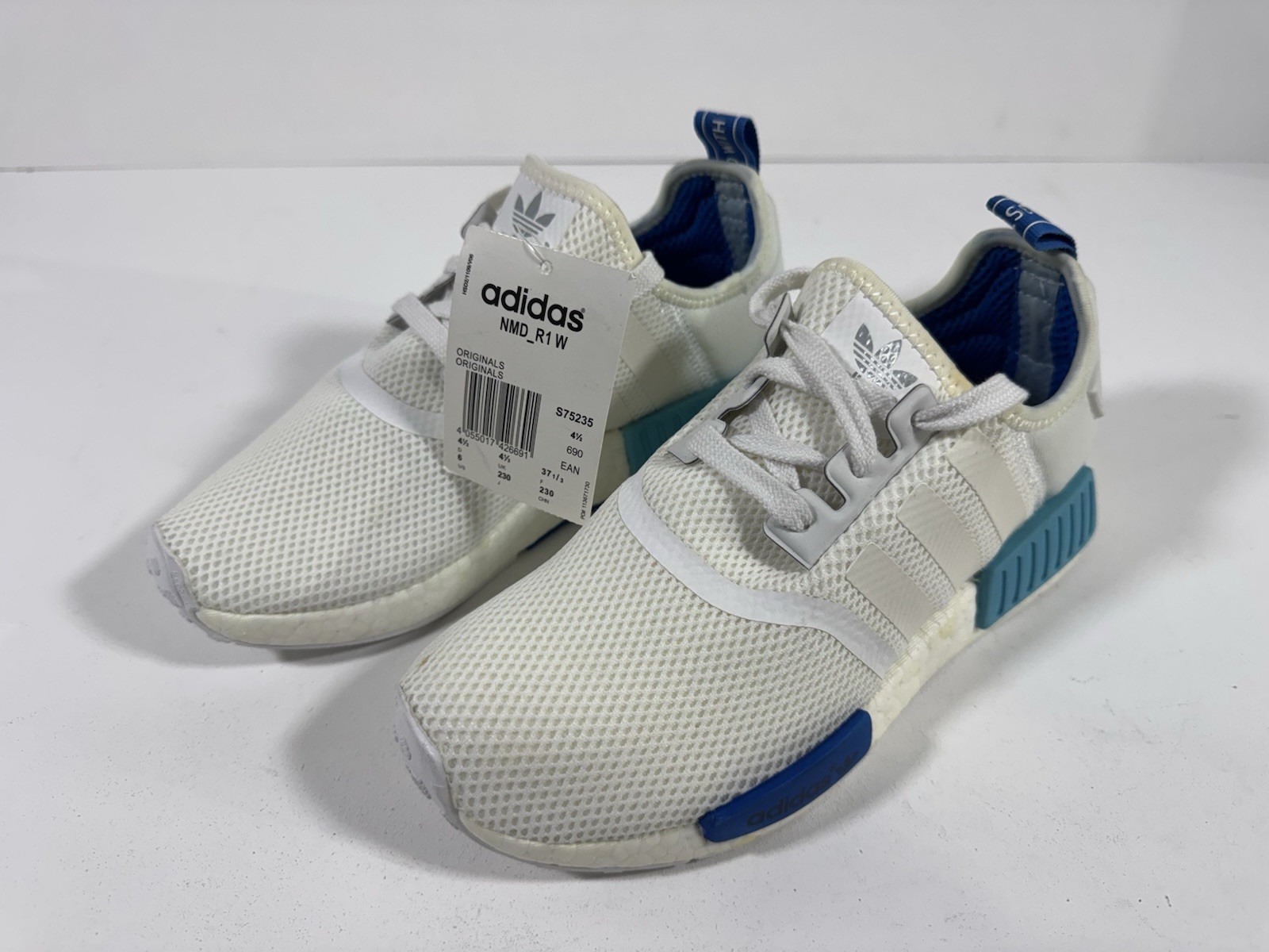 adidas NMD_R1 W Boost Sneakers White Blue Lace Up US5 EU37 1/3 S75235