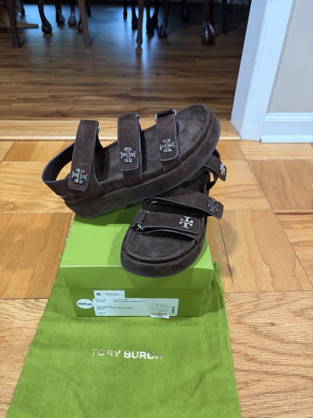 NWB Tory Burch Kira Triple Strap Suede Sandals Hook & Loop Brown/Silver Women 7