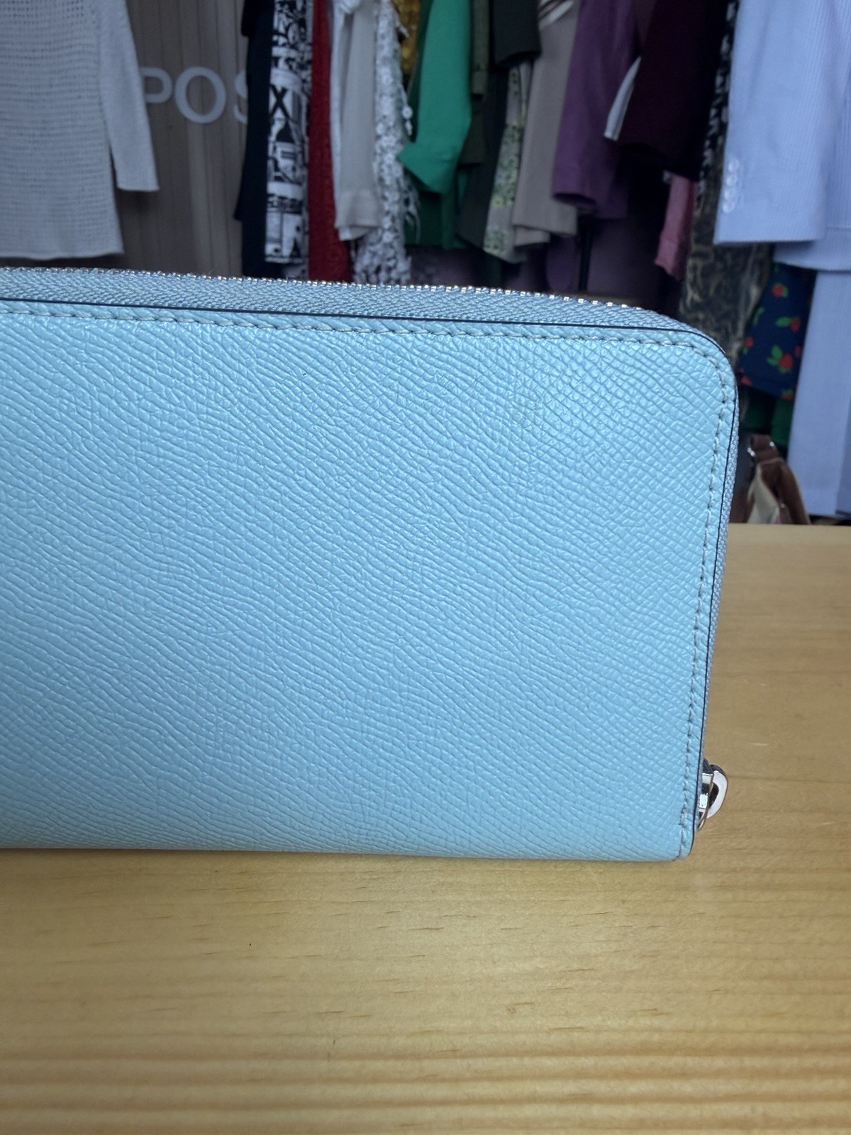 Authentic Coach Light Blue Crossgrain Leather Zip Around Wallet
