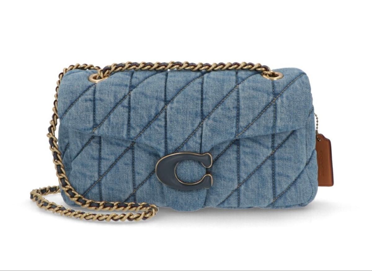 COACH Tabby Shoulder Bag Quilted Denim Leather Chain Strap 2-Way Blue 14x26x8cm