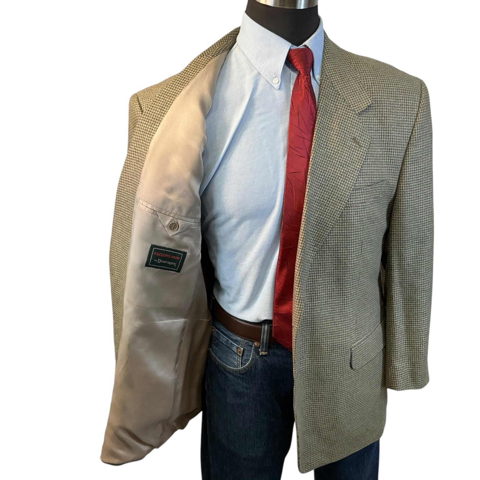 44R/46S Deansgate Houndstooth Green Beige Gray Blue Suit Jacket Sport Coat Blaze