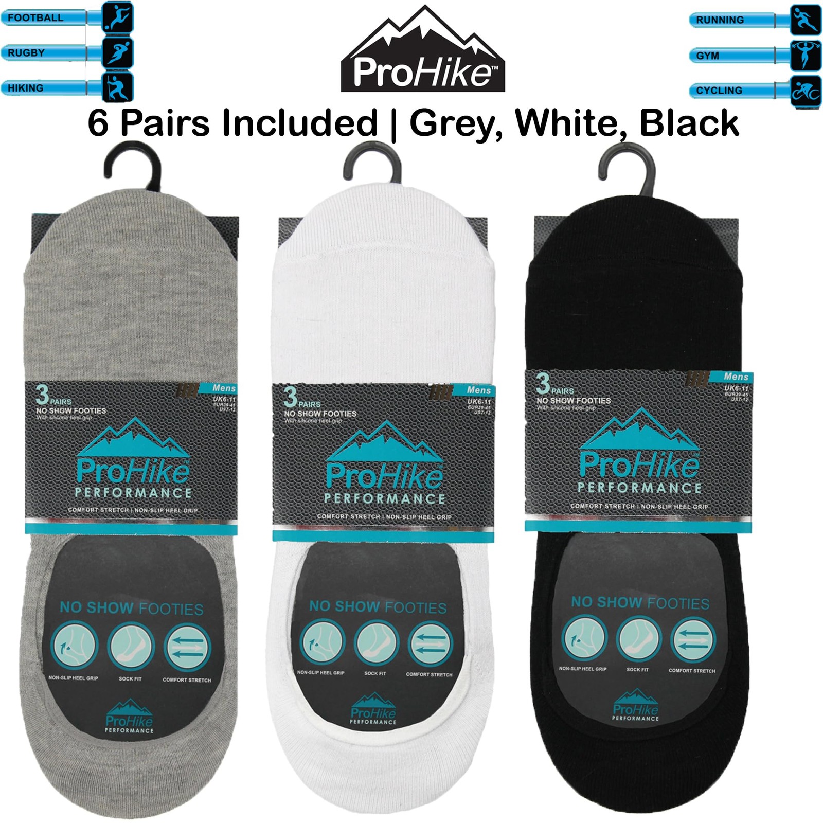 ProHike 6 Pairs Mens Invisible Socks with Non-Slip Heel Grip –UK 6-11 | EU 39-46