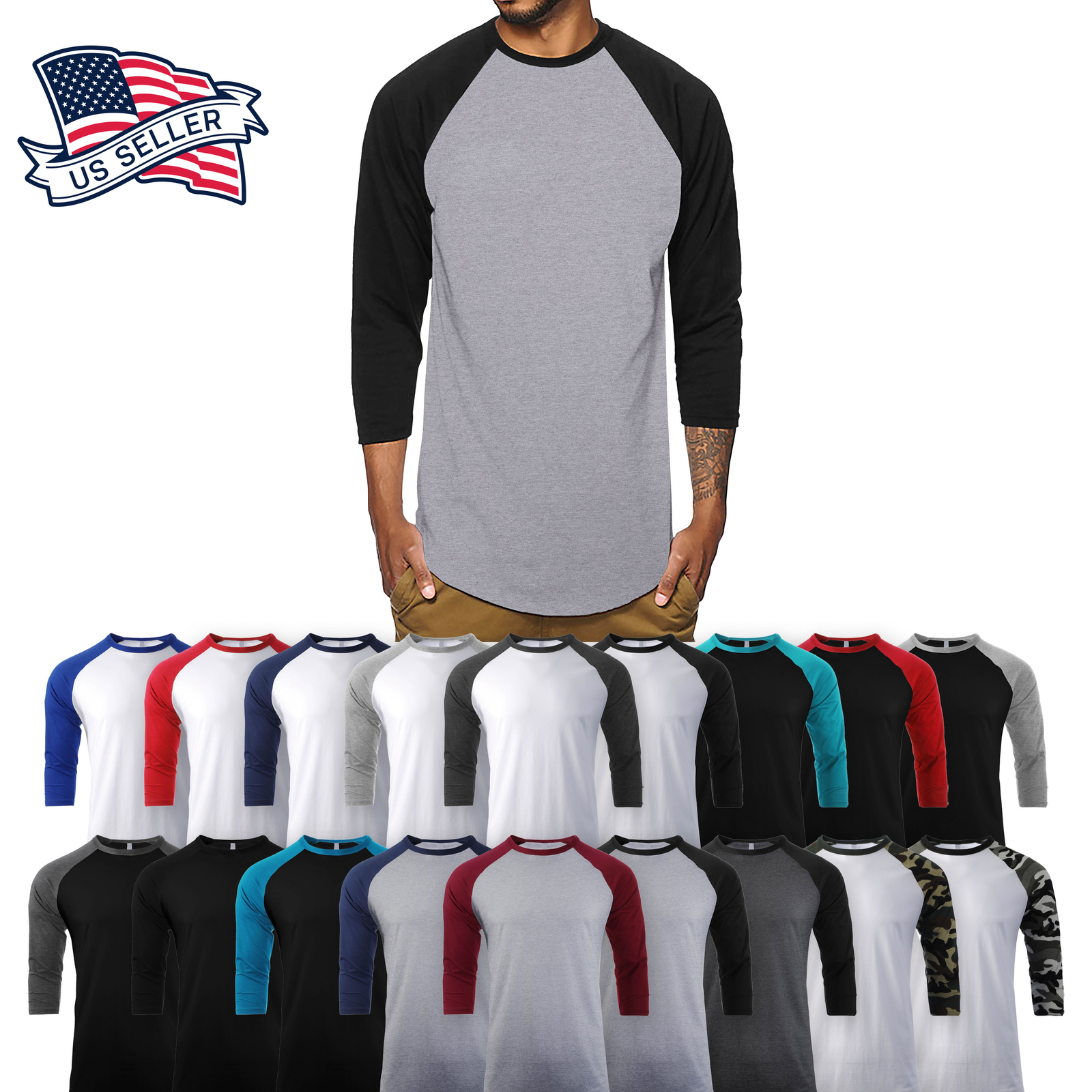 Mens Baseball T-Shirts 3/4 Sleeve Casual RAGLAN Premium Cotton Sport Slim Fit