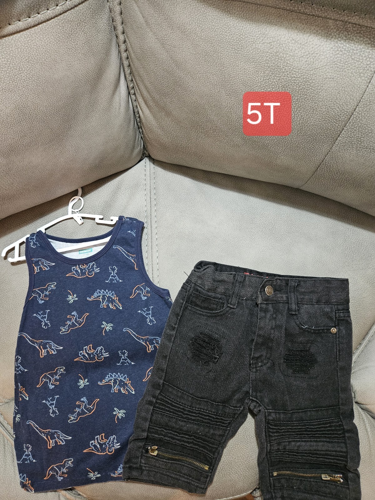 Boys 5T 2pc Sleeveless Dinosaur Tank Top & Denim Shorts Blue/Black Button