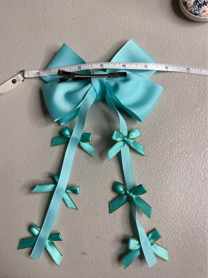 Tiffany Blue Gold Trim Bow Hair Clip – Cascading Ribbon Bow Hair Accessory Y2K