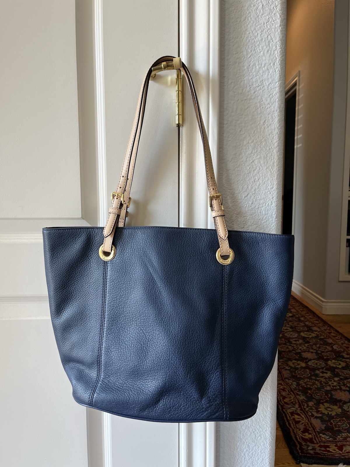 Michael Kors Women’s Large Blue Logo Tote, Snap Closure, Gold hardware