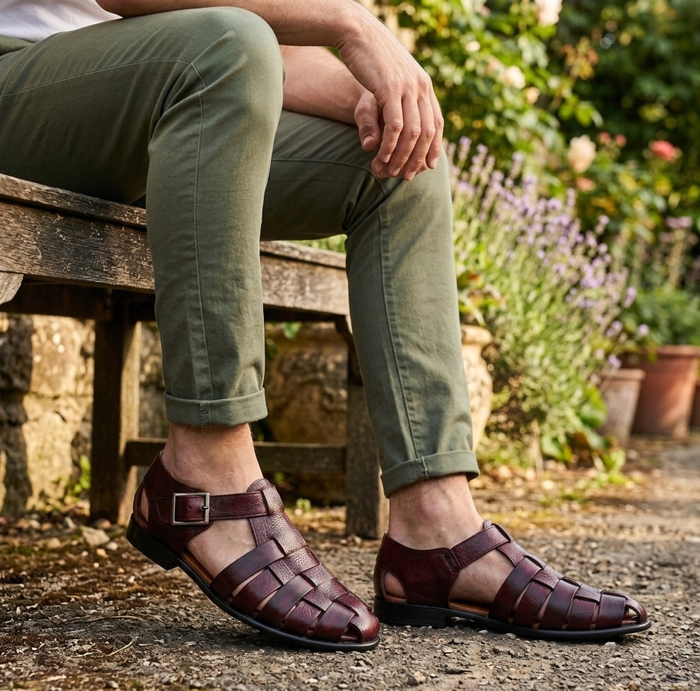 Mens Burgundy Leather Fisherman Sandals Woven Gladiator Summer Beach Shoes Maron