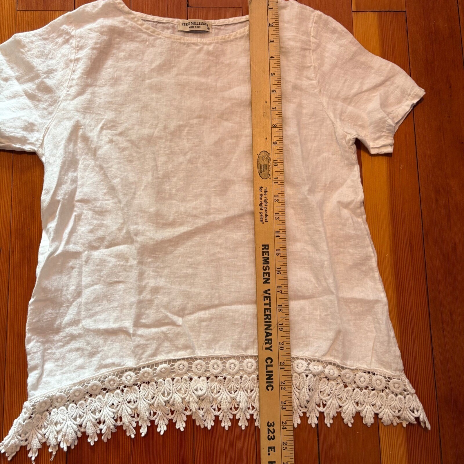 Tero Millennio 100% Linen Crochet Short Sleeve White Lightweight Top Small