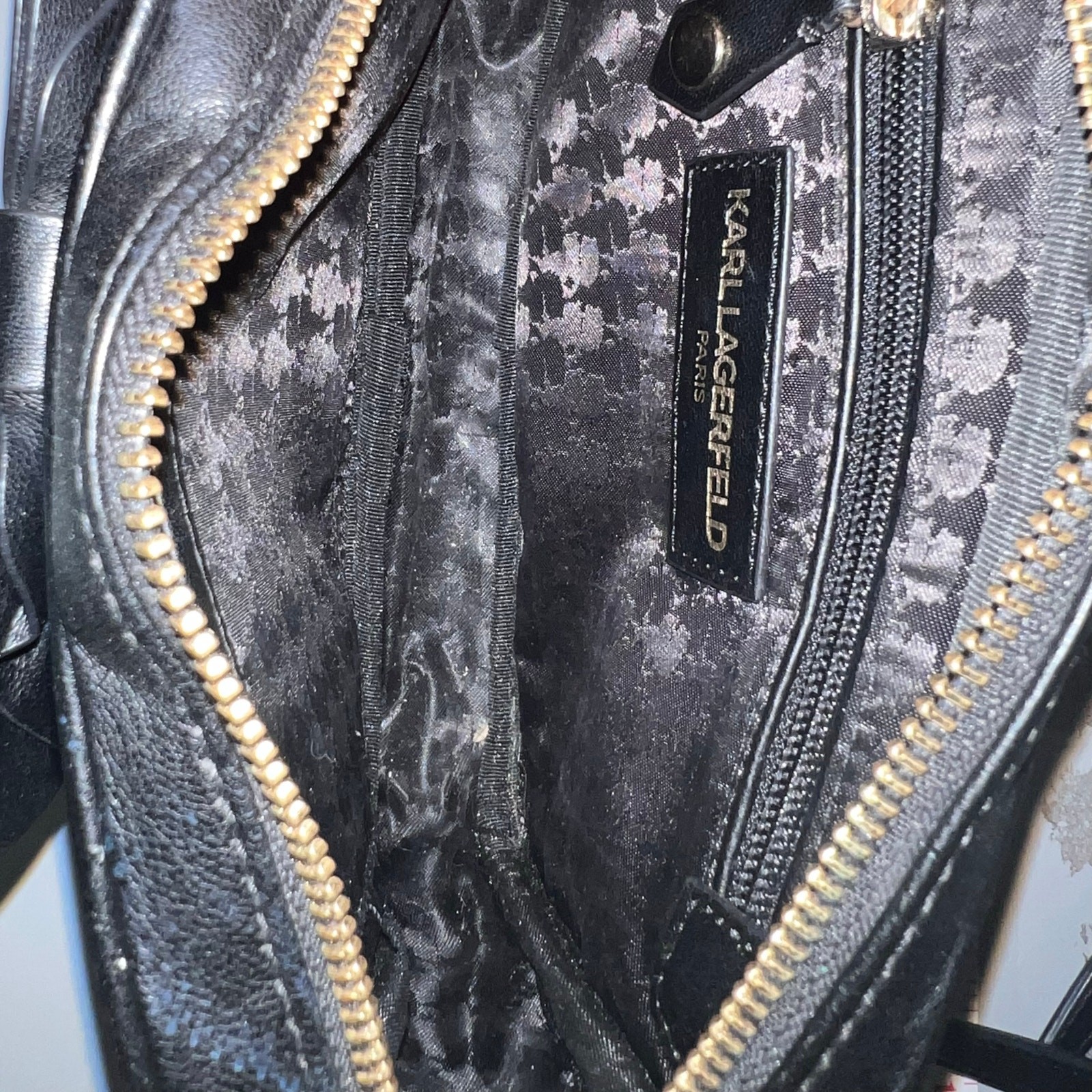 Karl Lagerfeld Chunky Goldtone Chain Exposed Zipper Logo Black Kris Bow handbag