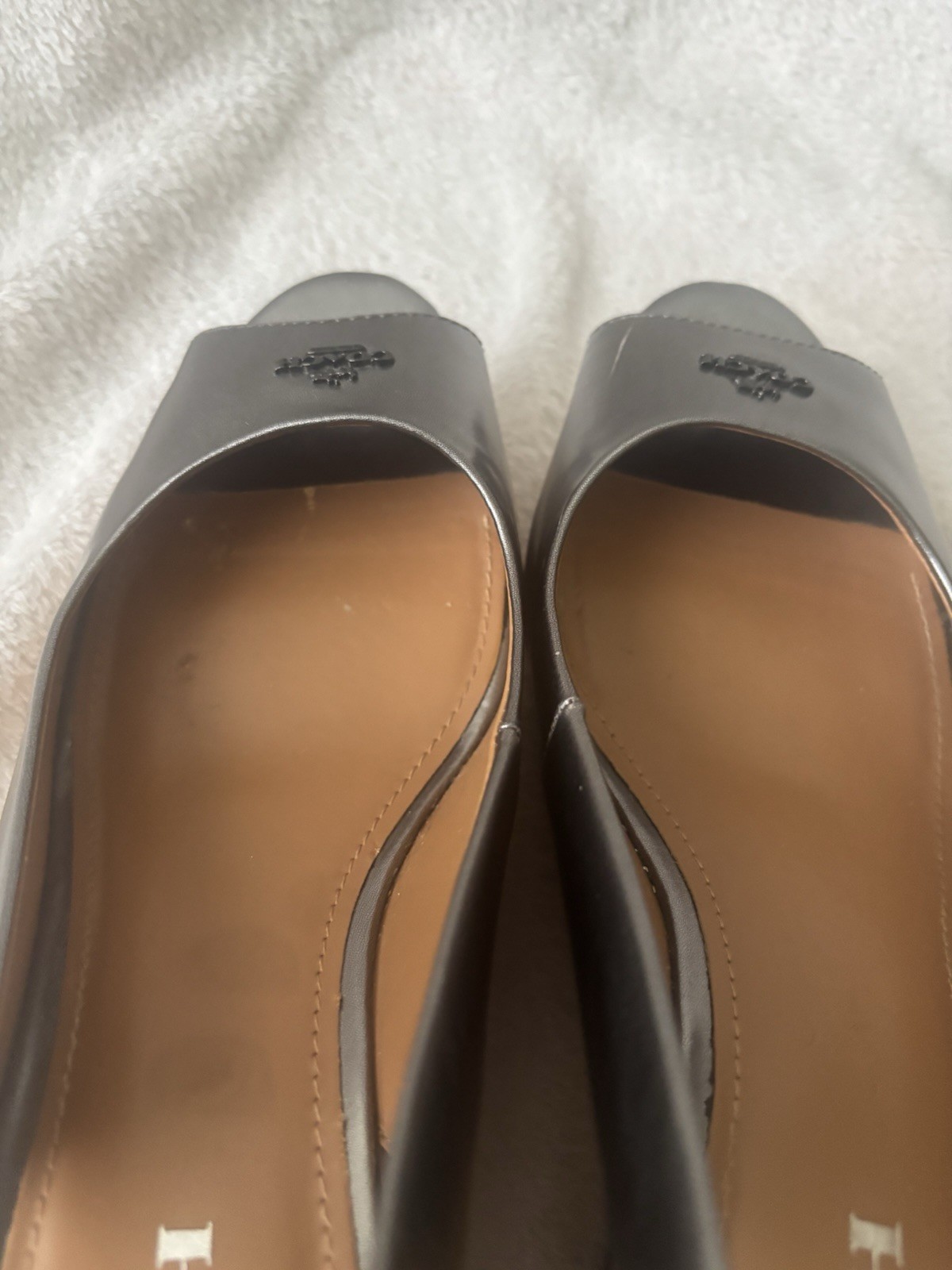 Coach Women Ferry Black/Silver Leather Cork Wedge Sandals Peep Toe Size 9.5