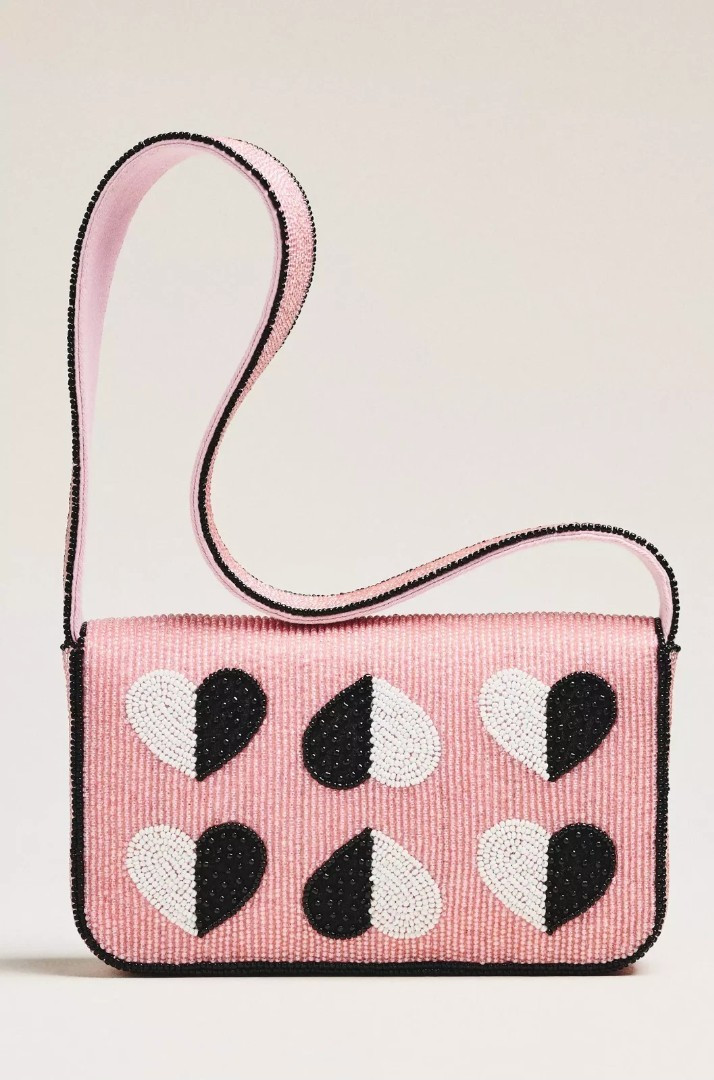 NEW Anthropologie Fiona Beaded Bag Iconic Edition Love Hearts Pink
