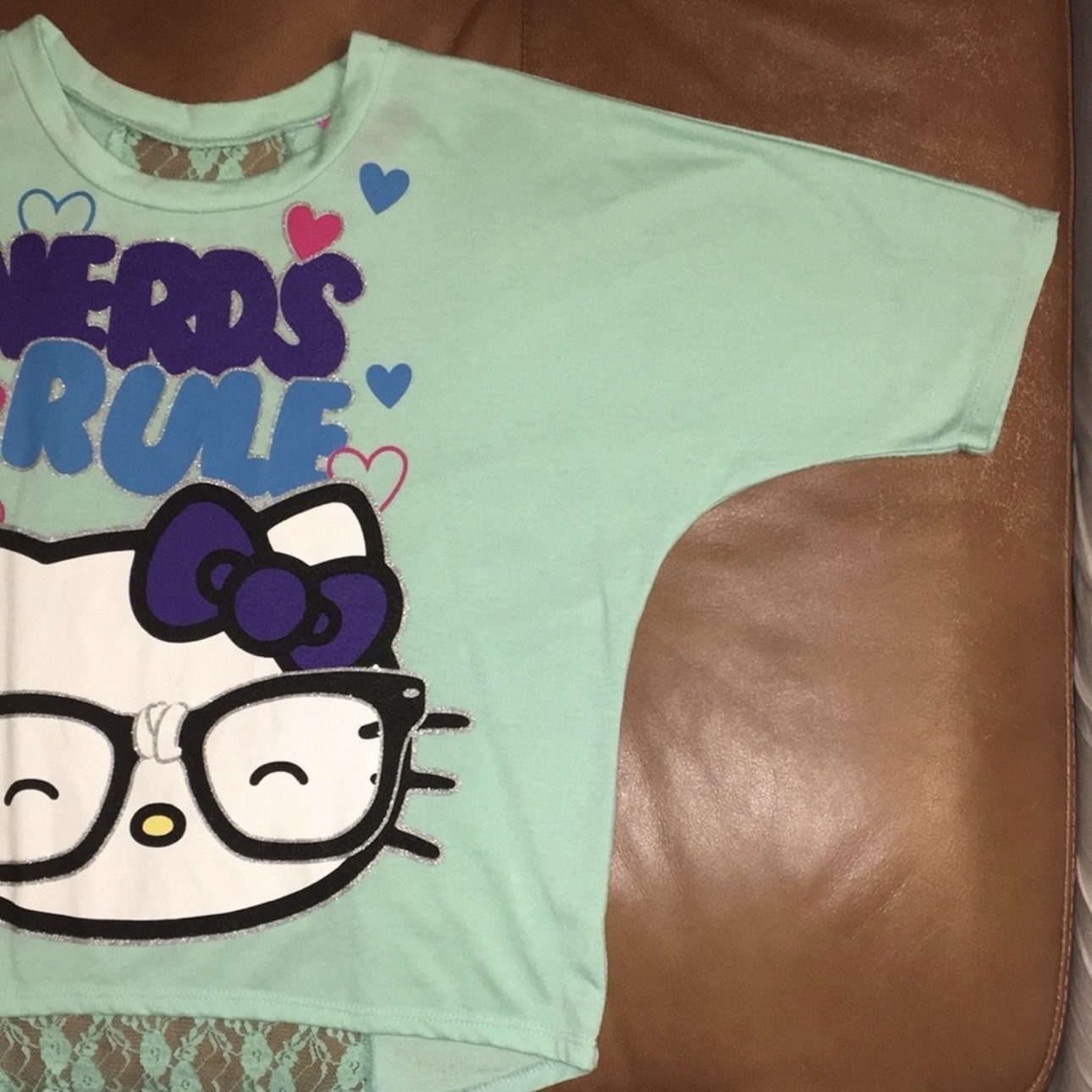 Hello Kitty Nerds Rule Mint Green Lace Back Crew Neck Dolman Sleeve Tee S