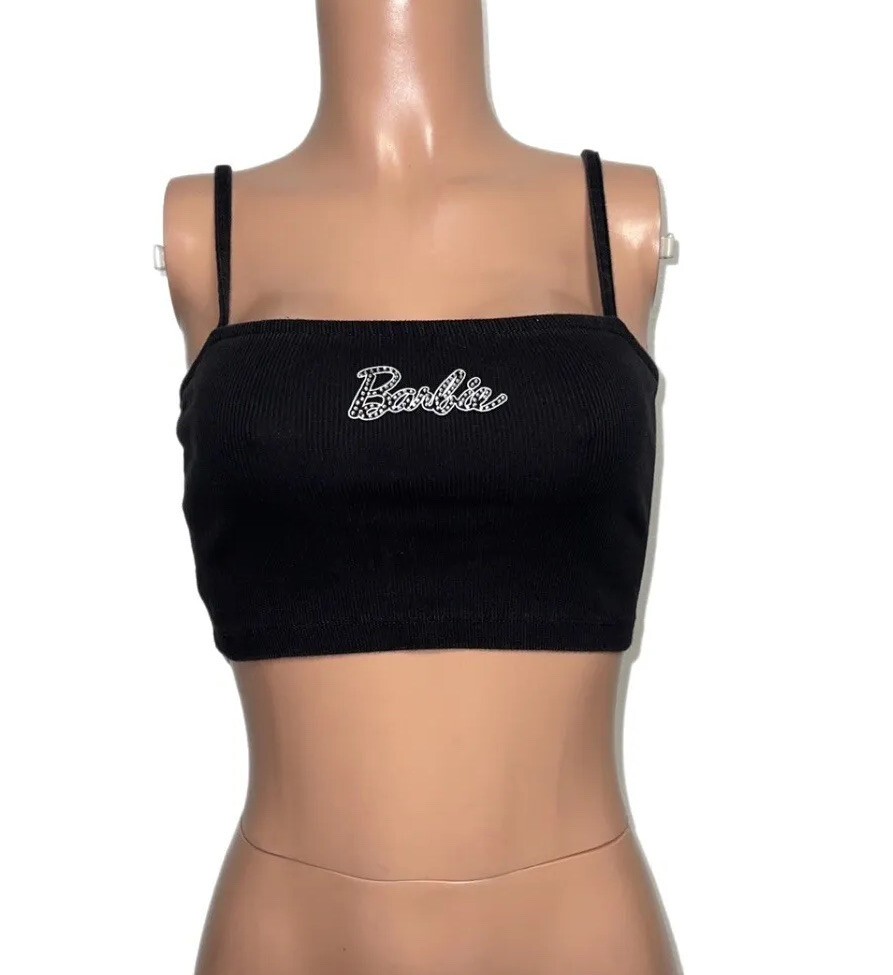 Forever 21 Black embellished Rhinestone Logo Barbie Mattel 2020 crop Top S Great
