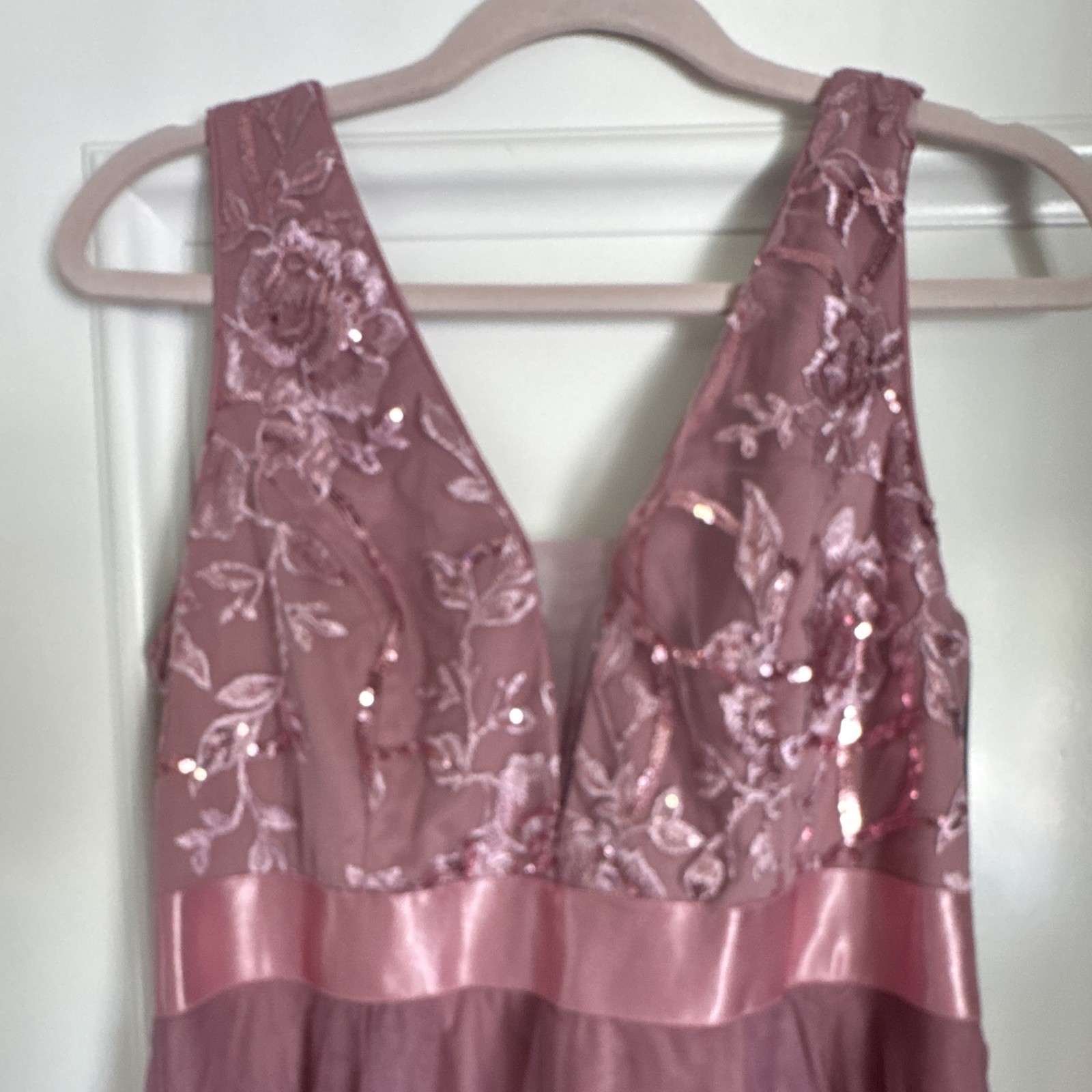 Ever-Pretty Pink Floral Sequin Embroidered Tulle Maxi Dress V-Neck size 14