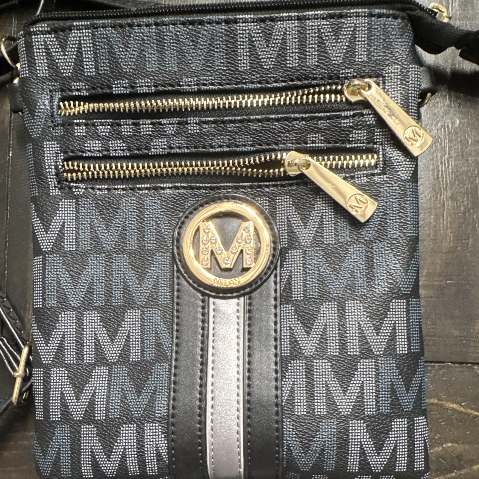 Milan MFK Collection Black/Blue Zip Crossbody Bag, Gold Hardware, Small