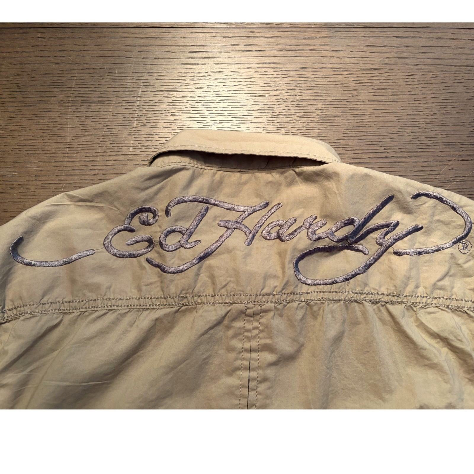 Ed Hardy Mens Tan Short Sleeve Button Down Shirt Love Kills Slowly Skull XL