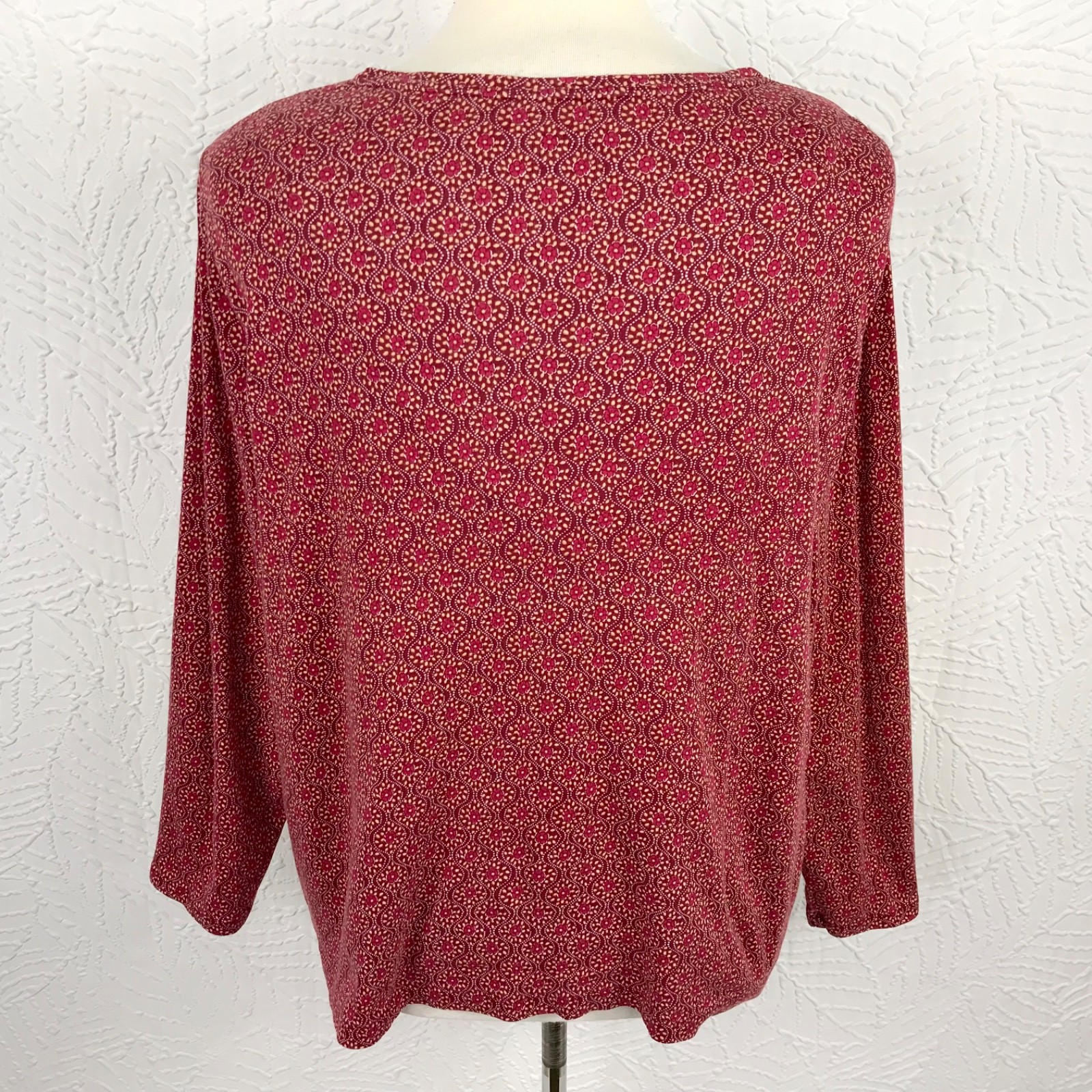 Croft & Barrow Classic Top Tee Shirt 2X Burgundy Geo Long Sleeve 100% Cotton