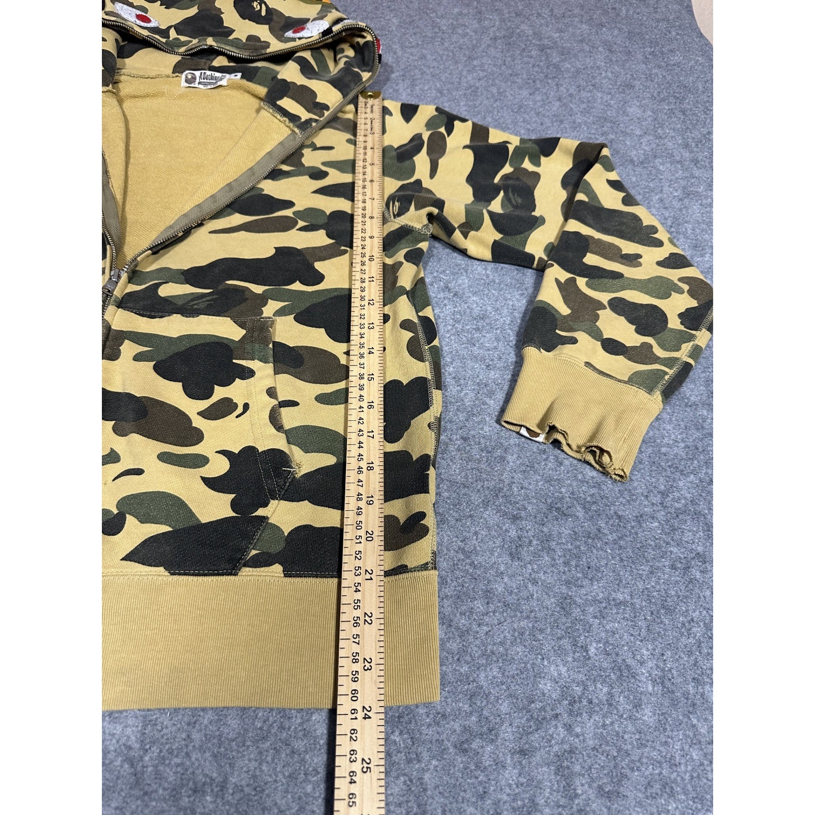 A Bathing Ape Shark Full-Zip Hoodie Medium Yellow Camo Cotton Frayed Hem