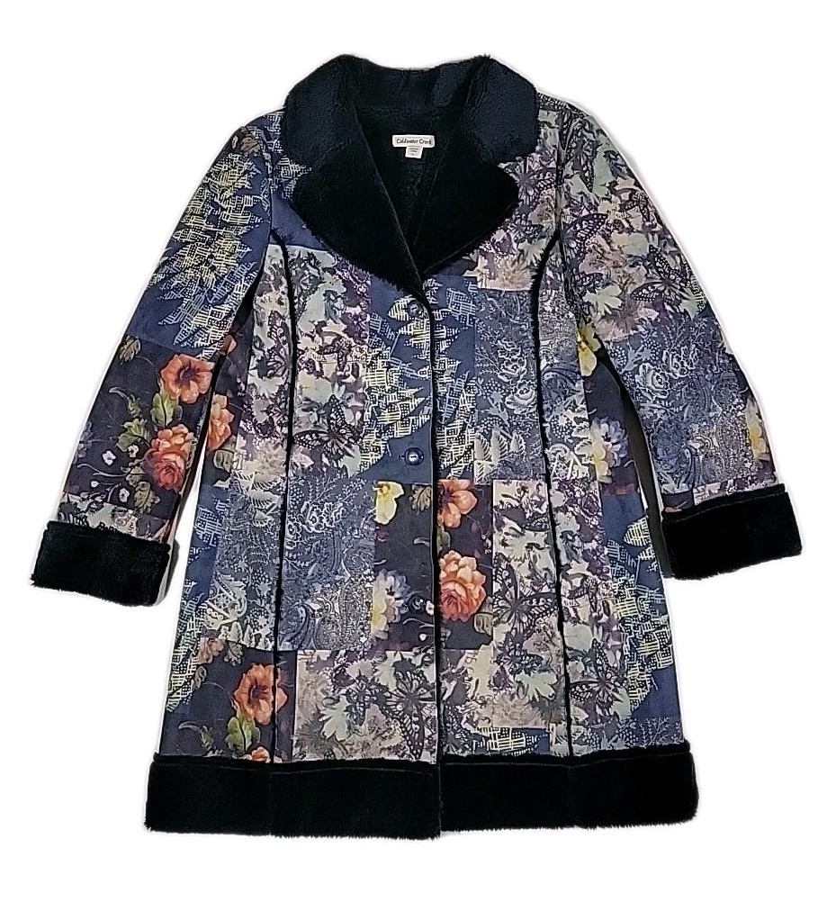 Faux Suede Faux Fur Lined Coat Floral Patchwork Boho Coldwater Creek Size Large