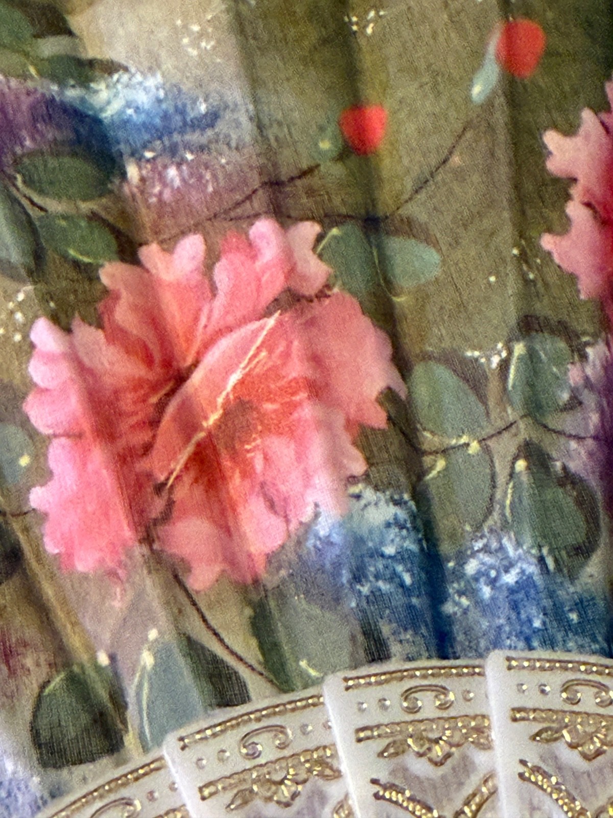 Vtg Giner Hand Fan Floral Flower Pink Wild Rose Wisteria Fabric Plastic Spain