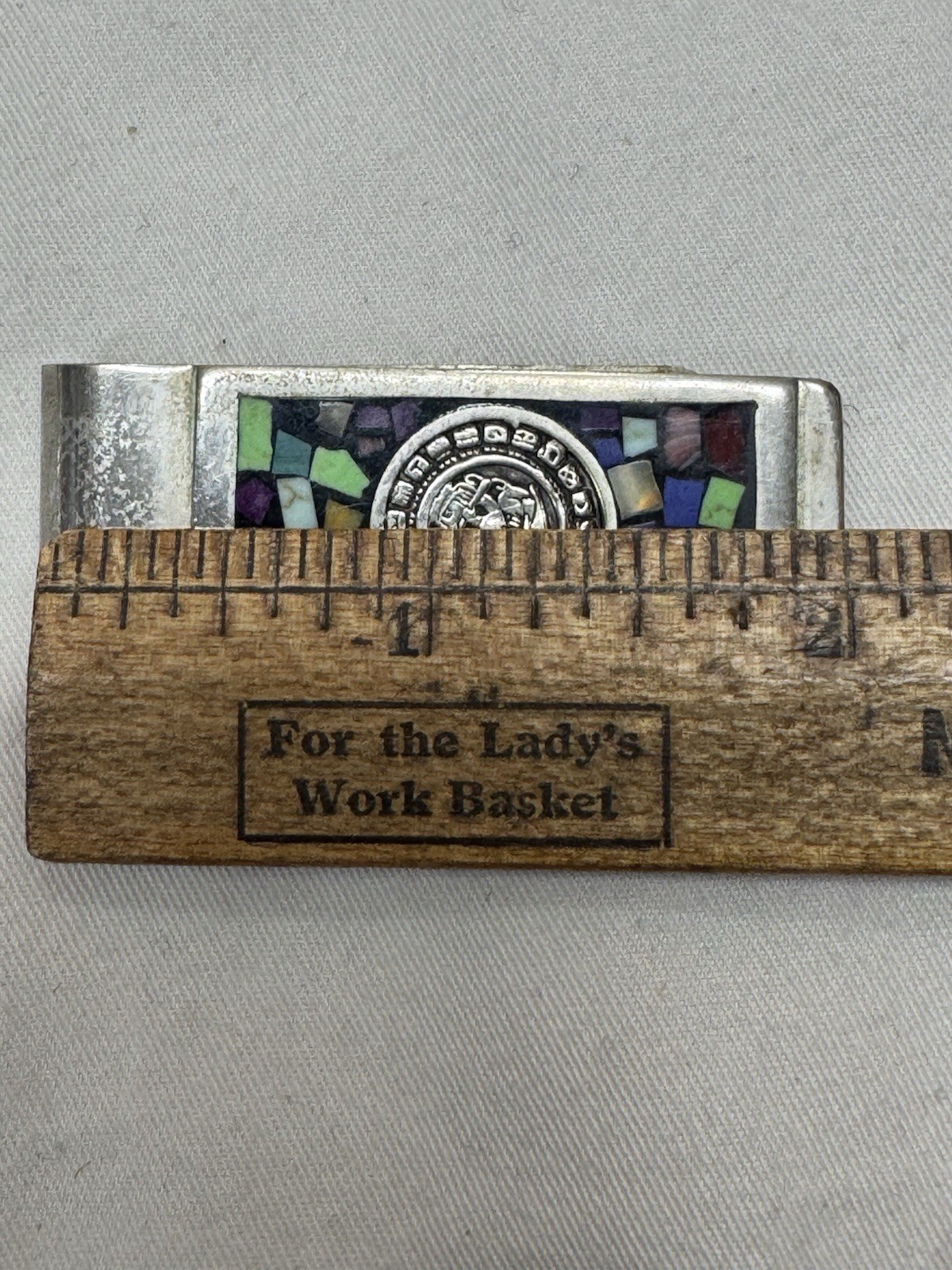 Vintage Taxco Mexico Inlay Multi Gemstone Aztec Sterling .925 Money Clip