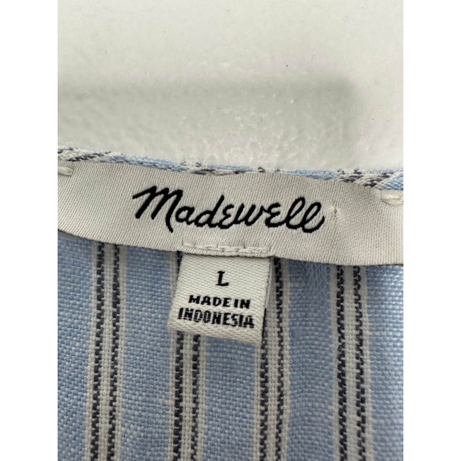 Madewell Cassie Striped Linen Button Front Midi Dress Size L Blue WhitePockets