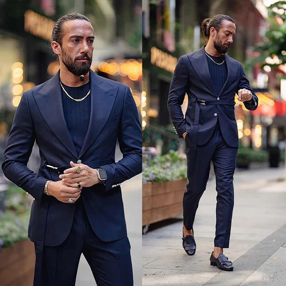 Business Men Suits with Belt Jackets PantsSlim Fit Formal Peak Lapel Groom Prom