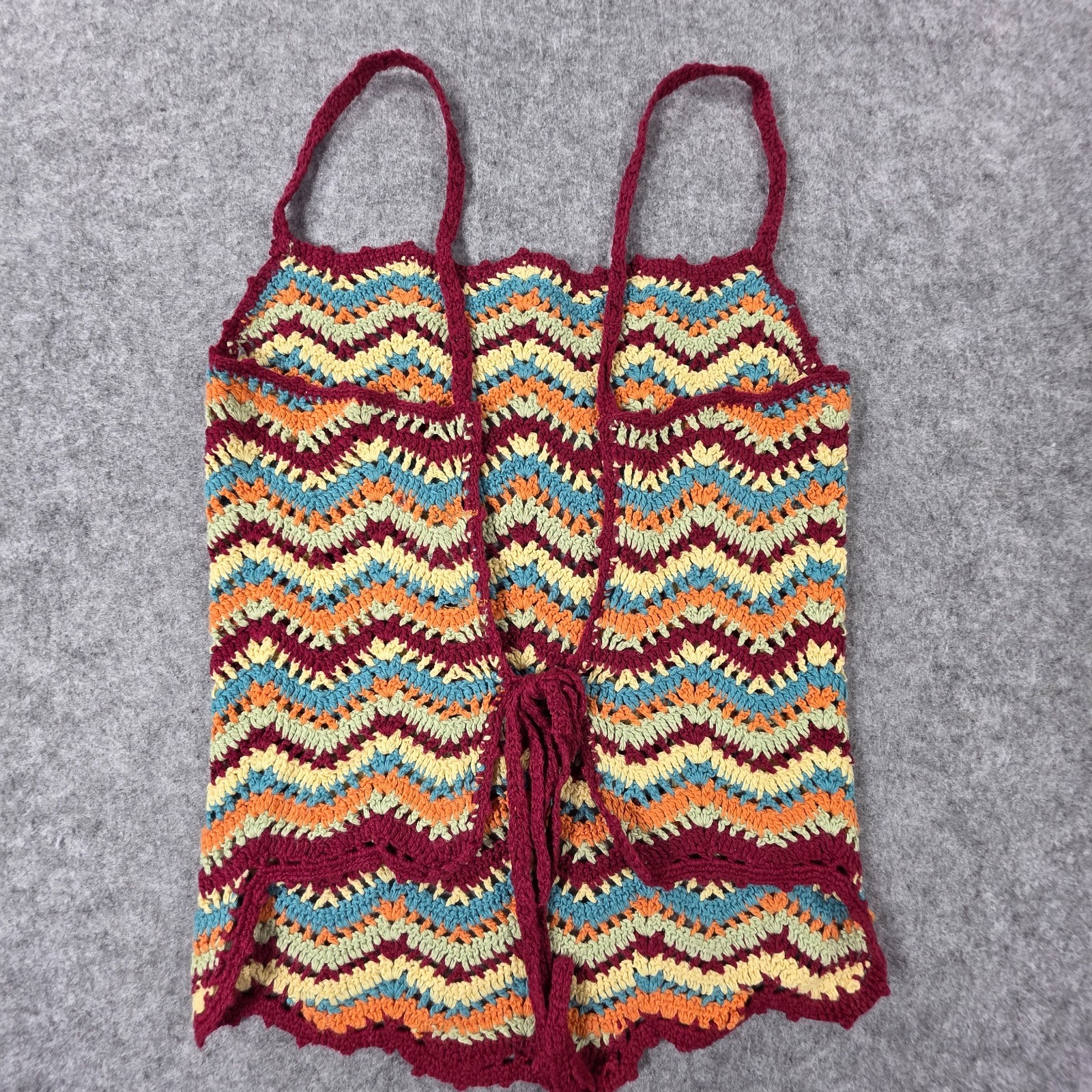 Vtg Crochet Chevron Zigzag Top Camisole Tie Back Y2K Med Boho Hippy Takeout L